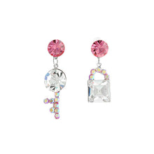 Load image into Gallery viewer, Dazzling Key and Lock Earrings with Peach and Silver Austrian Element Crystals and CZ Beads