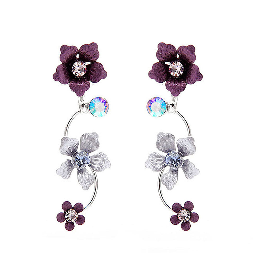 Purple Flower Shape Earrings with Purple Austrian Element Crystals
