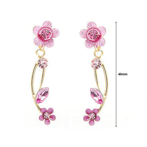 Pink Flower Shape Golden Earrings with Pink Austrian Element Crystals