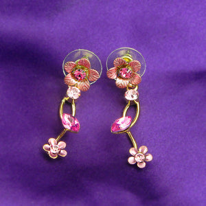 Pink Flower Shape Golden Earrings with Pink Austrian Element Crystals