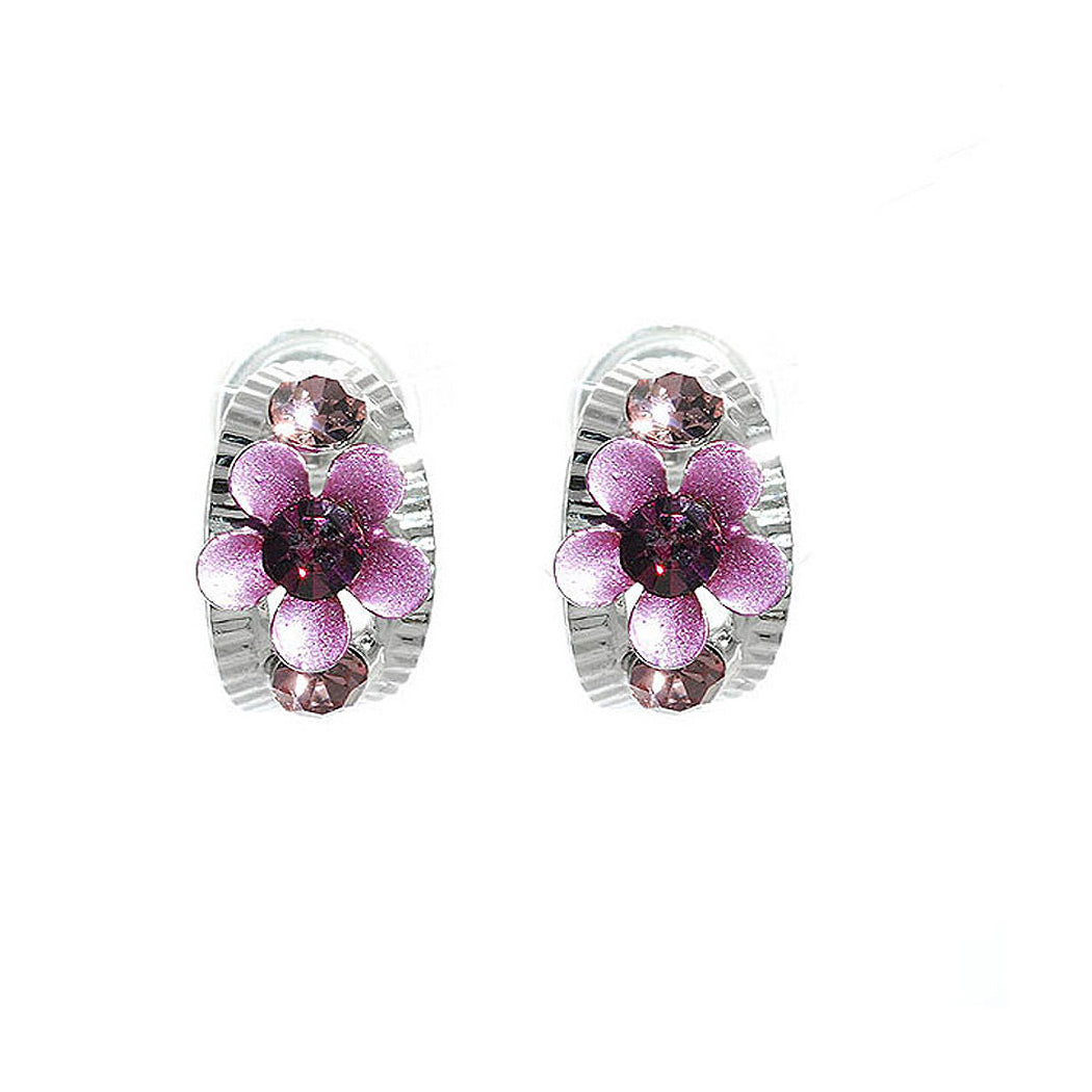 Flower on Curved Leaf Earrings with Purple Austrian Element Crystals