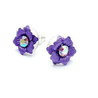 Purple Flower Earrings with Austrian Element Crystal