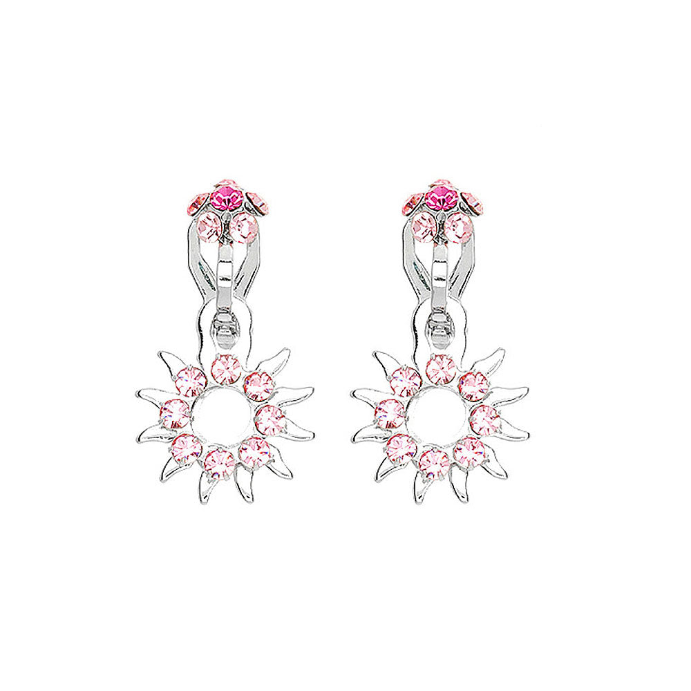 Elegant Sun Shape Non Piercing Earrings with Pink Austrian Element Crystals