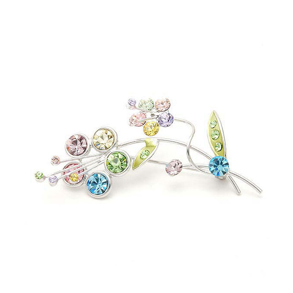 Flower and Leaves Brooch with Multi-colour Austrian Element Crystals