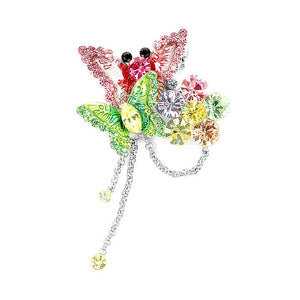 Butterfly and Flower Brooch with Multi-color Austrian Element Crystals