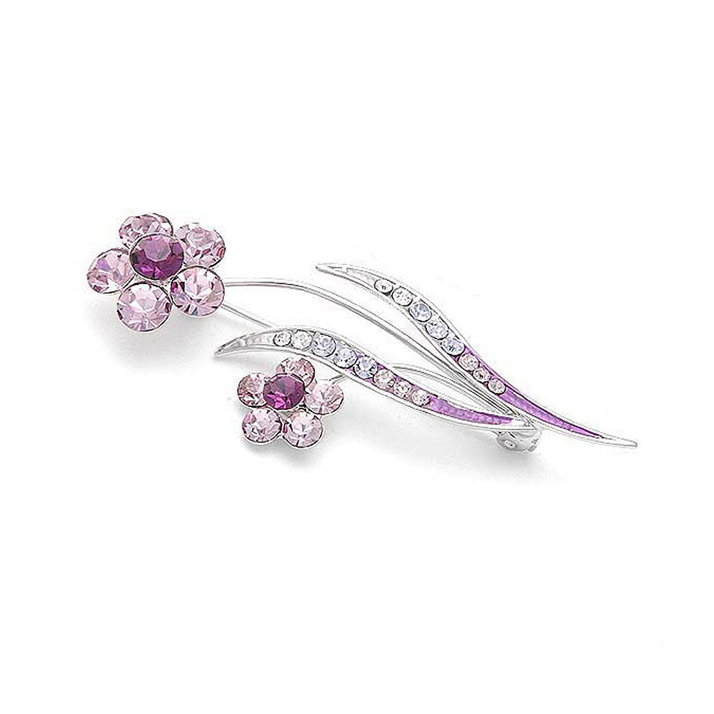 Flower and Leaves Brooch with Purple and Silver Austrian Element Crystals