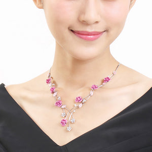 Elegant Rose Necklace with Silver Austrian Element Crystals and Crystal Glass