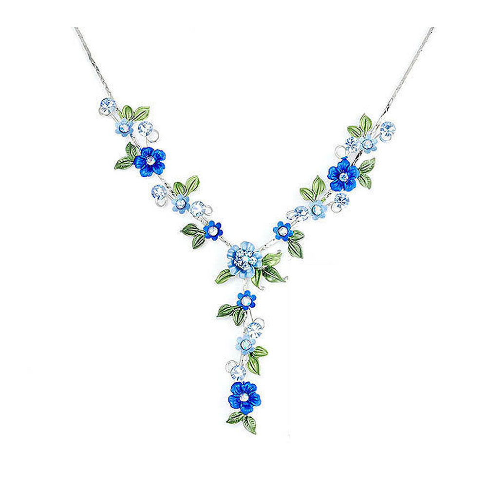 Blue Flower Necklace with Blue Austrian Element Crystals