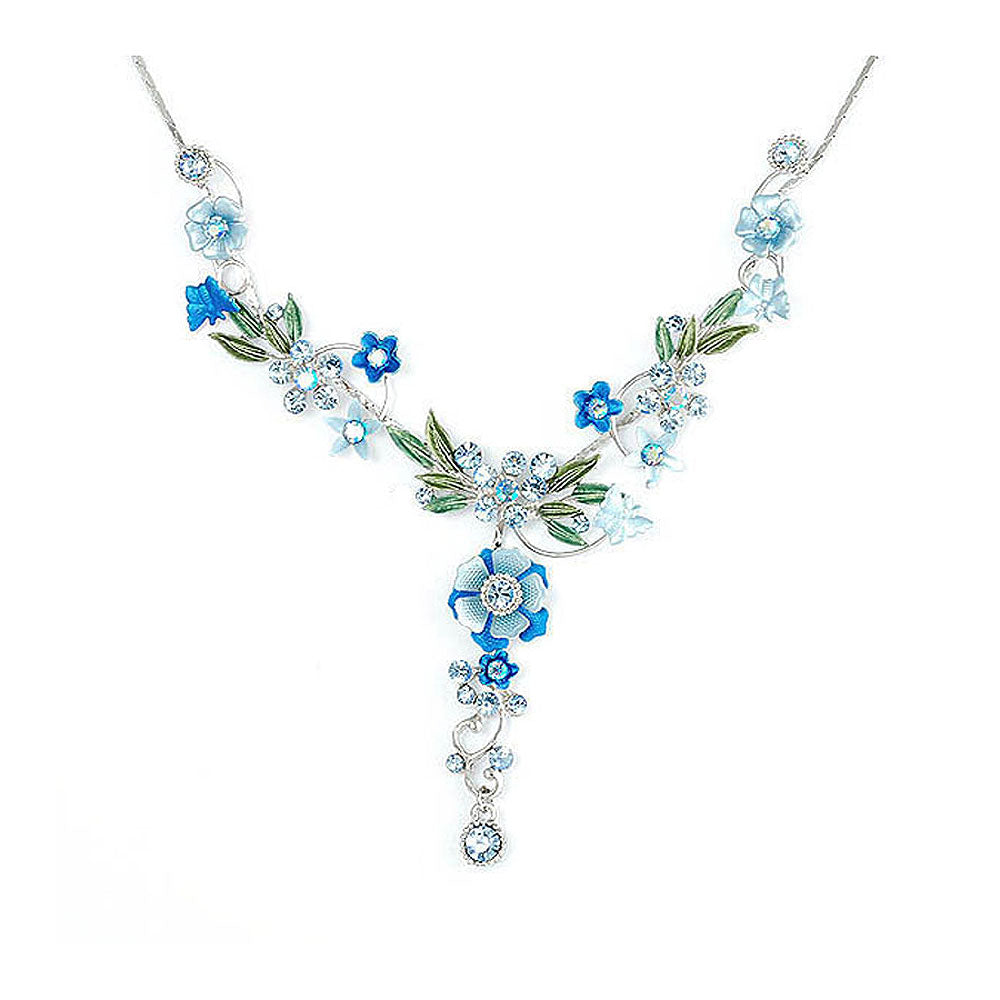 Blue Flower and Tiny Butterfly Necklace with Blue Austrian Element Crystals