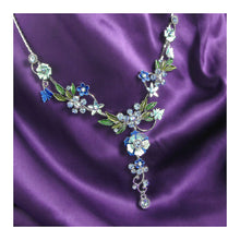 Load image into Gallery viewer, Blue Flower and Tiny Butterfly Necklace with Blue Austrian Element Crystals