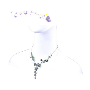 Blue Flower and Tiny Butterfly Necklace with Blue Austrian Element Crystals
