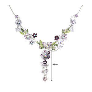 Purple Flower and Tiny Butterfly Necklace with Purple Austrian Element Crystals