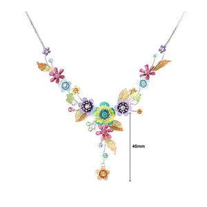 Colorful Flower and Tiny Butterfly Necklace with Multi-color Austrian Element Crystals