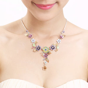 Colorful Flower and Tiny Butterfly Necklace with Multi-color Austrian Element Crystals