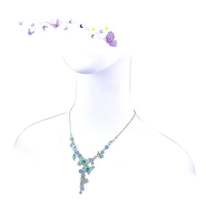 Blue Butterfly and Flower Necklace with Blue Austrian Element Crystals