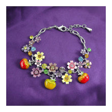 Load image into Gallery viewer, Purple and Yellow Flower Bracelet with Austrian Element Crystals and Red Apple Charms