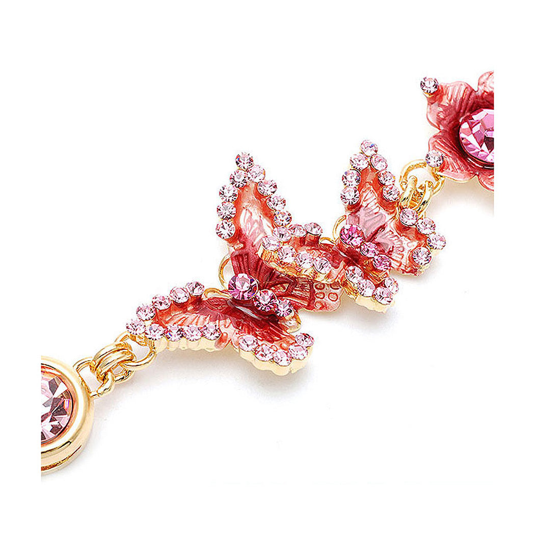 Danicng Butterflies in Flowers Bracelet with Pink CZ and Austrian Element Crystals