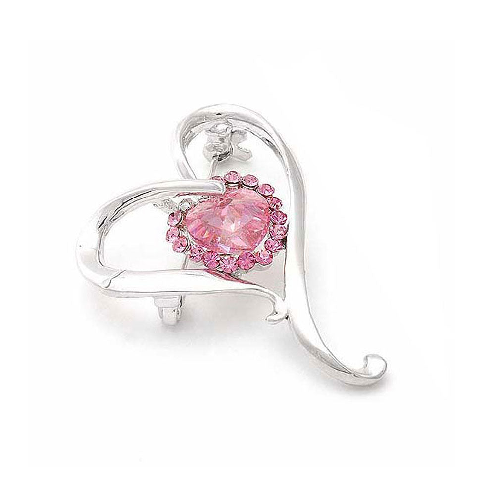 Graceful Heart Brooch with Pink Austrian Element Crystals and Crystal Glass