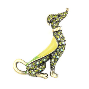 Elegant Dog Brooch with Green and Yellow Austrian Element Crystals