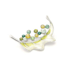 Load image into Gallery viewer, Waved Leaf Brooch with Green and Yellow Austrian Element Crystals