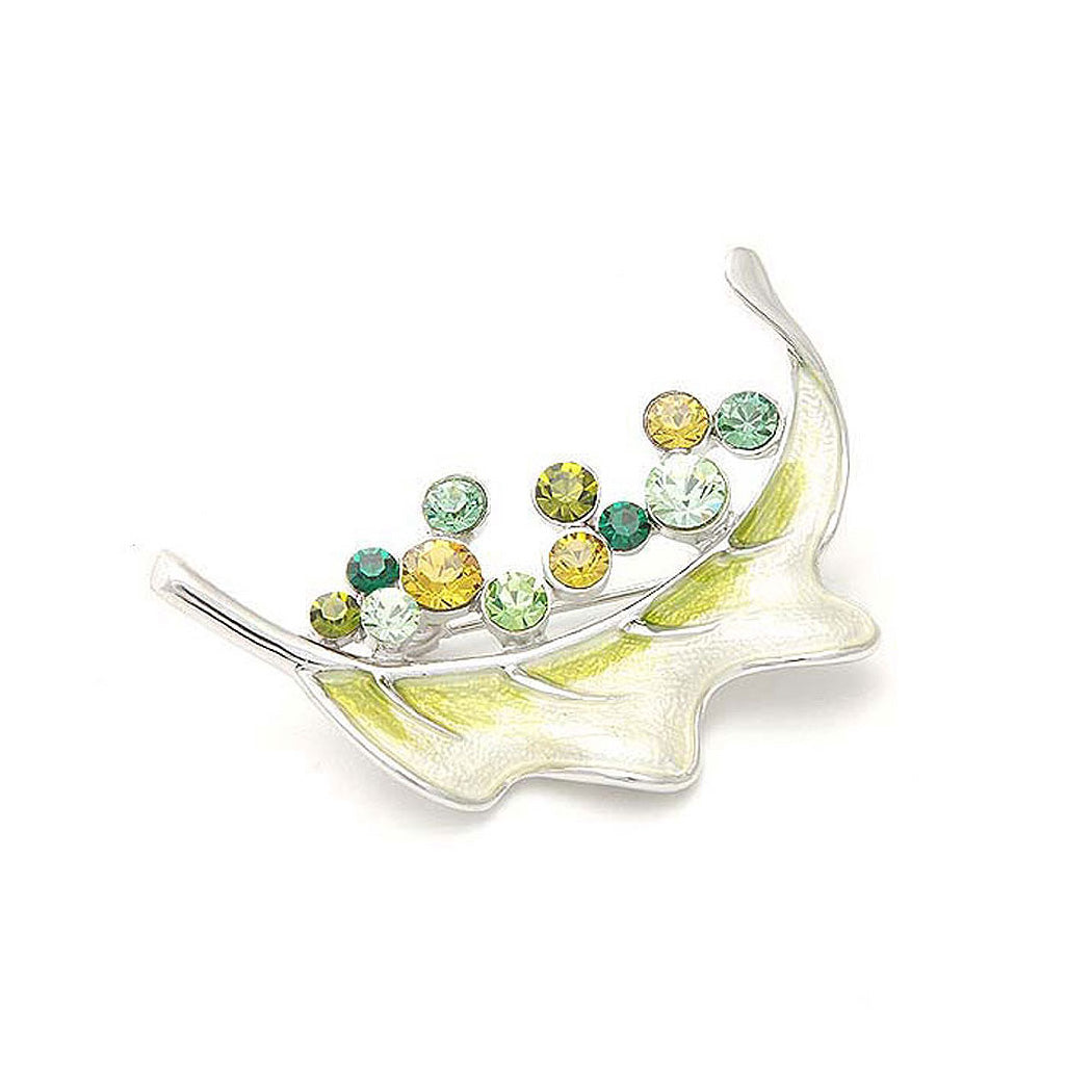 Waved Leaf Brooch with Green and Yellow Austrian Element Crystals
