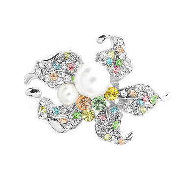 Flower Brooch with Multi-color Austrian Element Crystals and Fashion Pearl