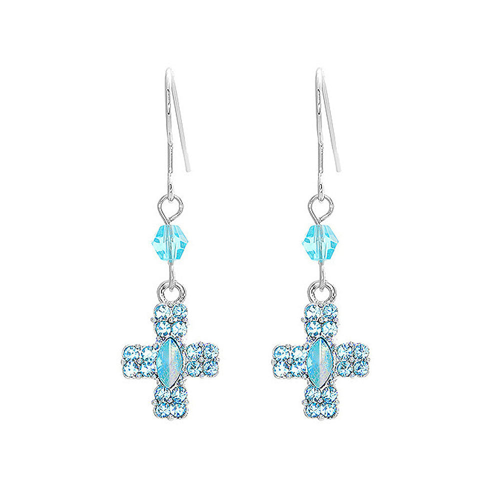 Glistening Cross Earrings with Blue Austrian Element Crystals