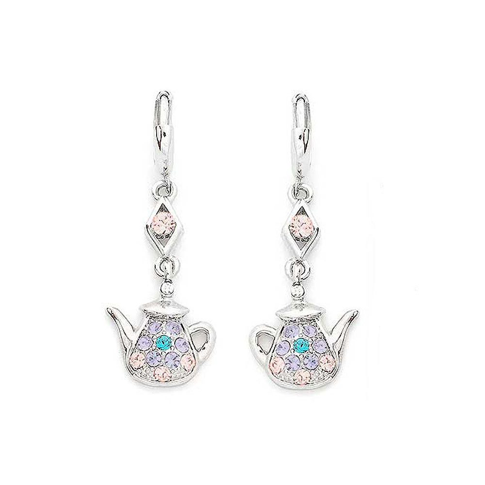Mini Teapot Earrings with Light Purple Pink and Blue Austrian Element Crystals