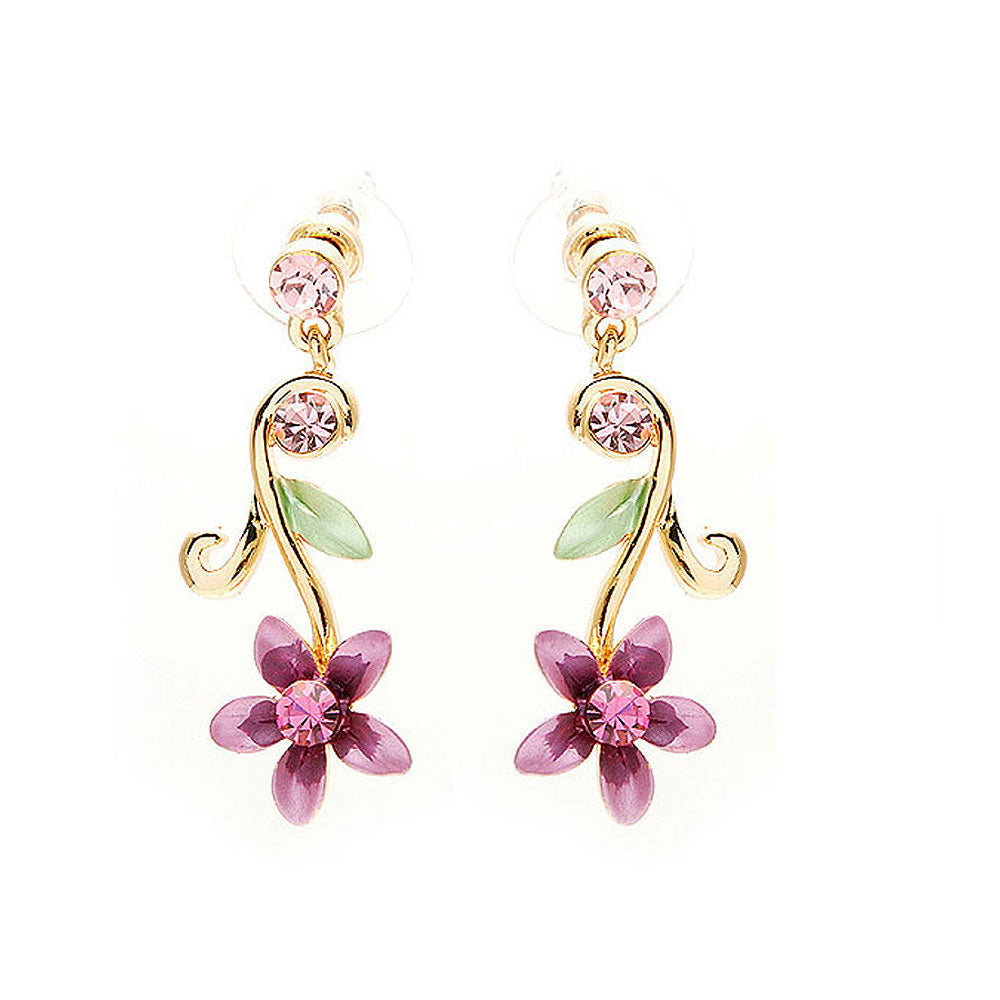 Purple Flower Golden Pair Earrings with Austrian Element Crystals