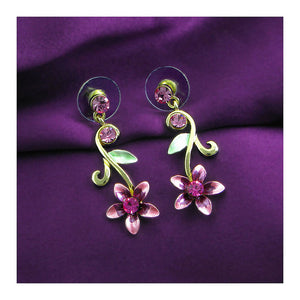 Purple Flower Golden Pair Earrings with Austrian Element Crystals