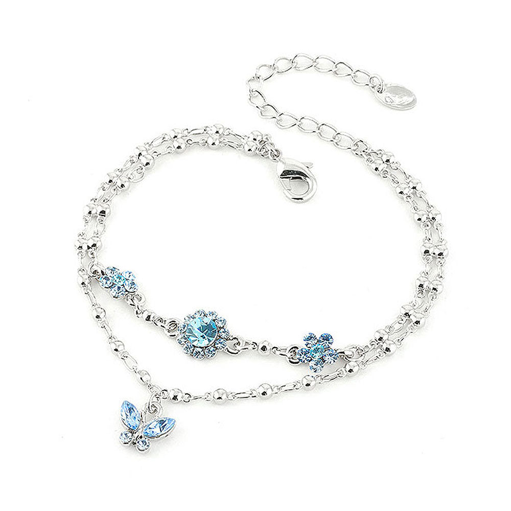 Two Layered Flower Bracelet with Butterfly Charm and Blue Austrian Element Crystals