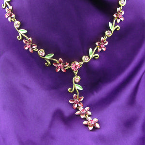 Purple Flowers Golden Necklace with Austrian Element Crystals