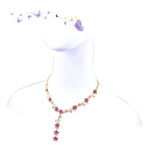 Purple Flowers Golden Necklace with Austrian Element Crystals
