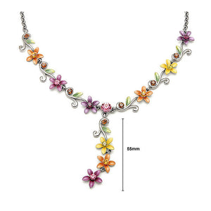 Orange Yellow and Purple Flowers Necklace with Austrian Element Crystals
