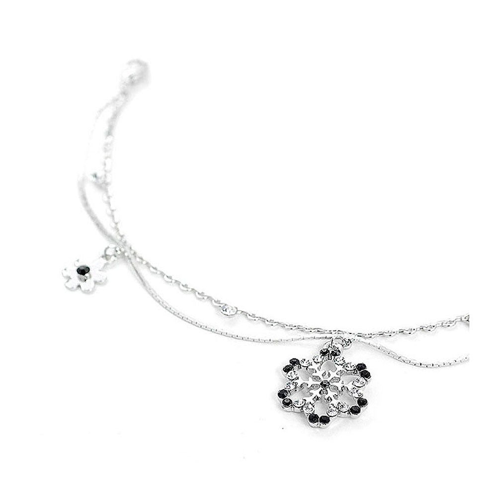 Snow and Flower Anklet with Silver and Black Austrian Element Crystals