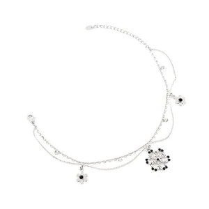 Snow and Flower Anklet with Silver and Black Austrian Element Crystals