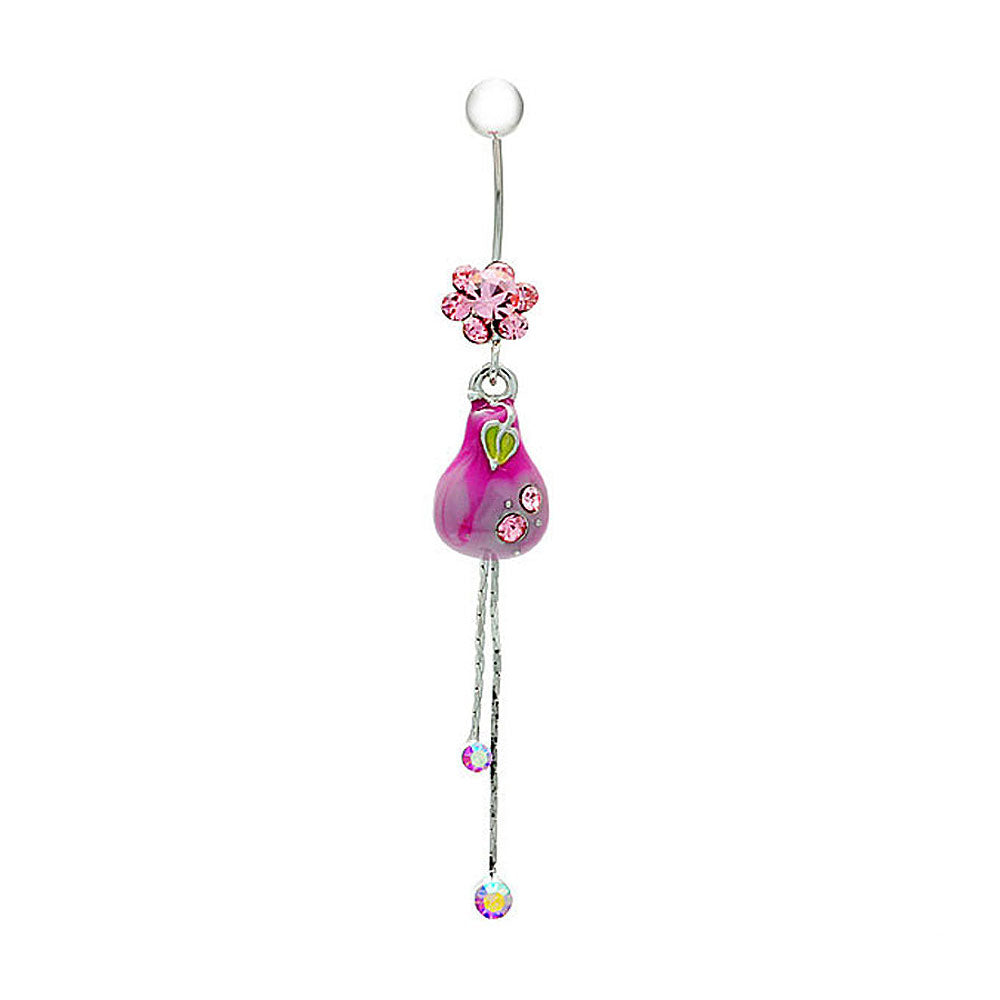 Pink Pear Belly Ring with Pink Austrian Element Crystals