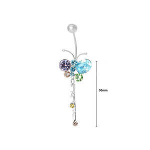 Butterfly Belly Ring with Tassols Multi-color Austrian Element Crystals and CZ
