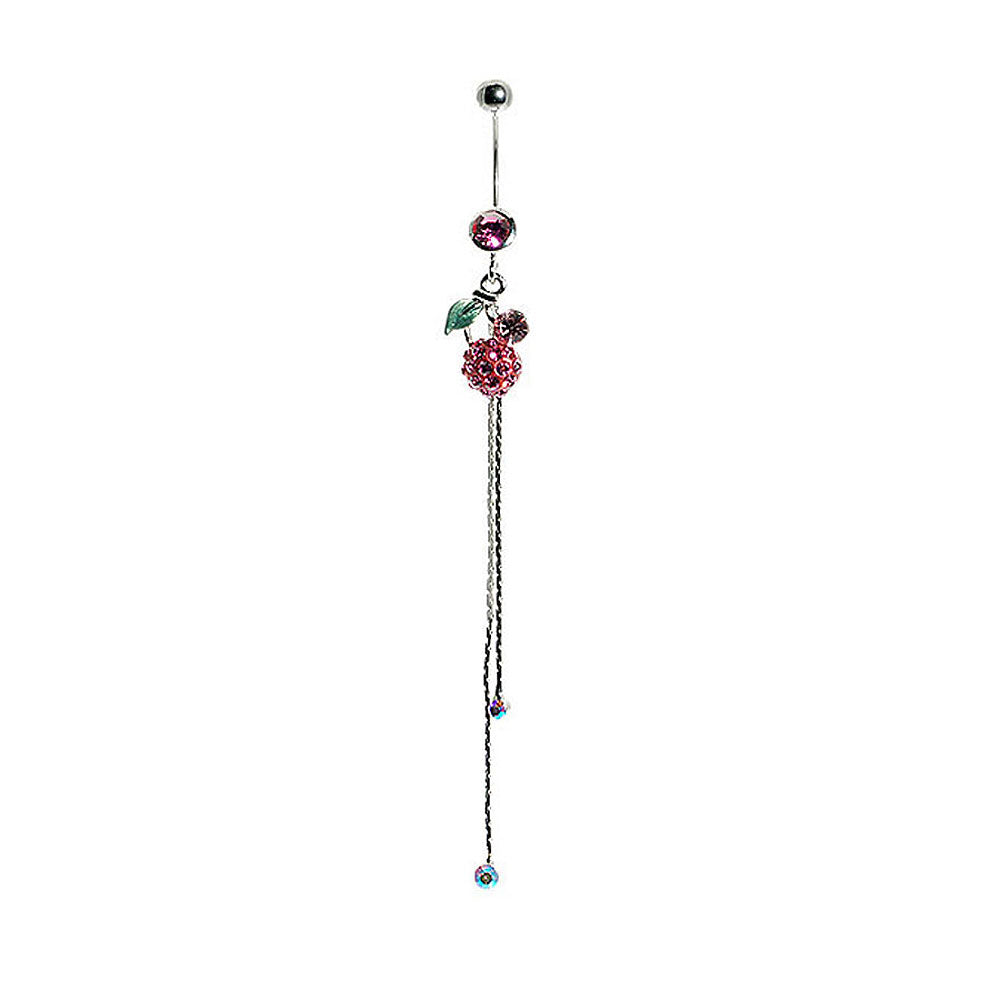 Belly Ring with Green Leaf and Pink Austrian Element Crystals