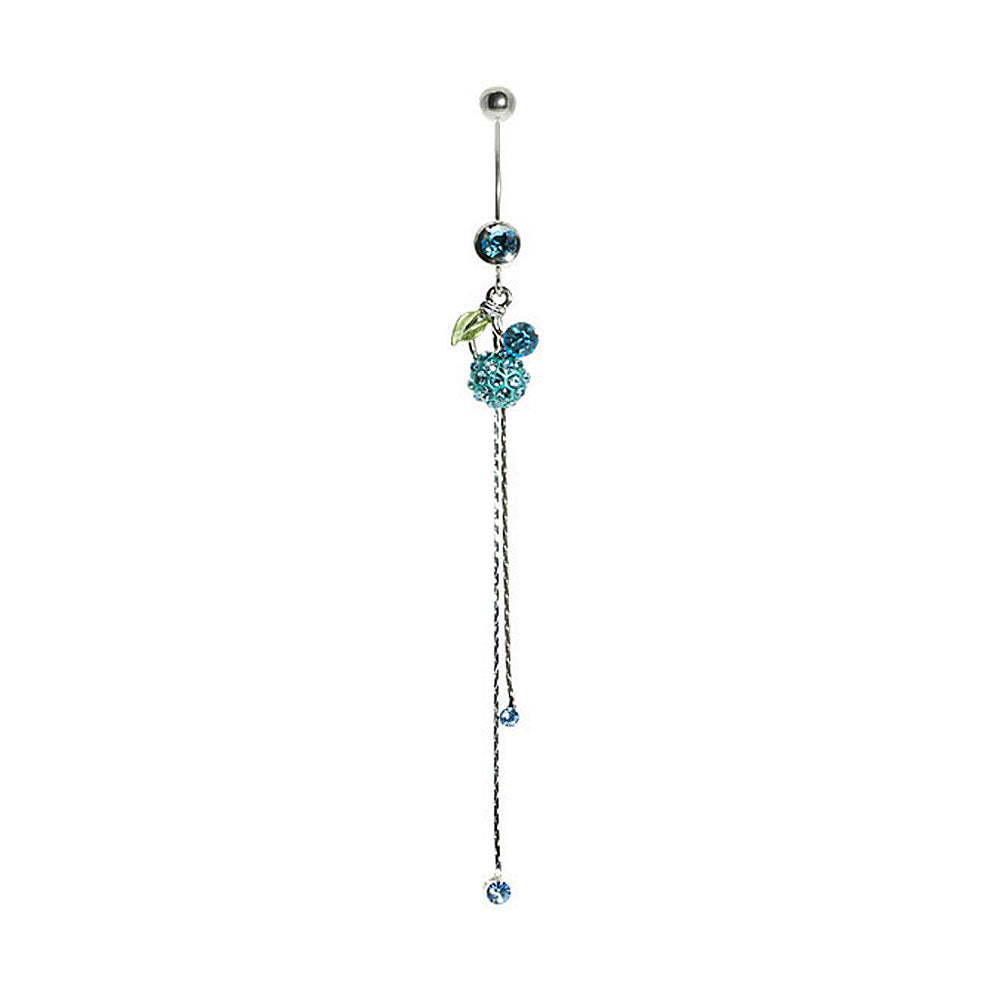 Belly Ring with Green Leaf and Light Blue Austrian Element Crystals