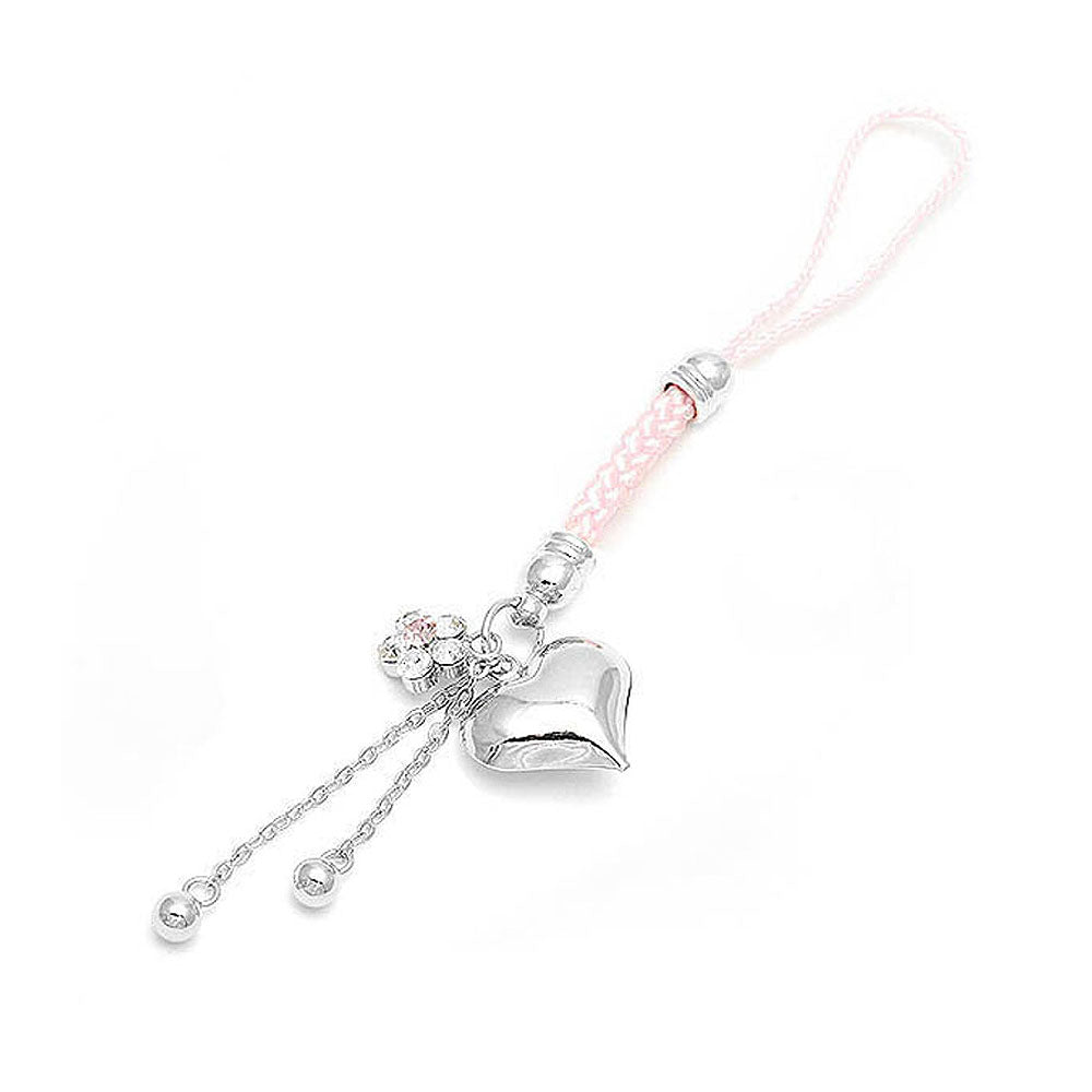 Pink Strap with Silver Heart Charm and Flower in Pink and Silver Austrian Element Crystals