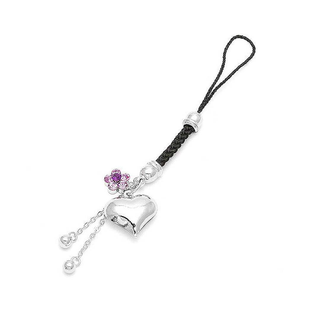 Black Strap with Silver Heart Charm and Flower in Purple Austrian Element Crystals