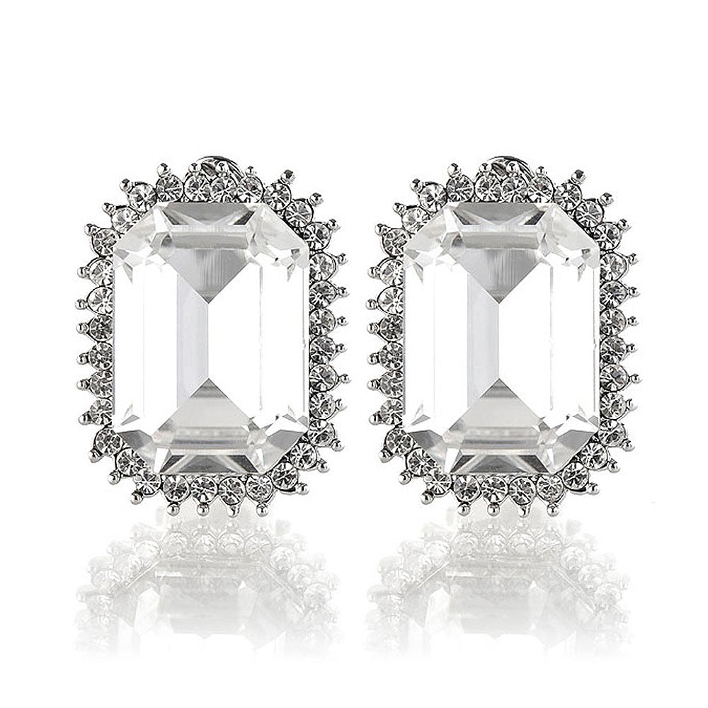 Elegant Earrings with Silver Princess Cut Crystal Glass and Silver Austrian Element Crystals (Non Piercing Earrings)