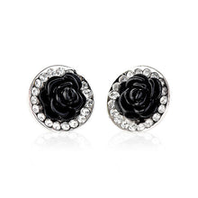 Load image into Gallery viewer, Elegant Black Rose Earrings with Silver Austrian Element Crystals