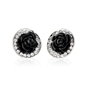 Elegant Black Rose Earrings with Silver Austrian Element Crystals