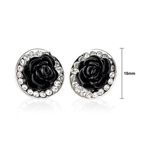 Elegant Black Rose Earrings with Silver Austrian Element Crystals