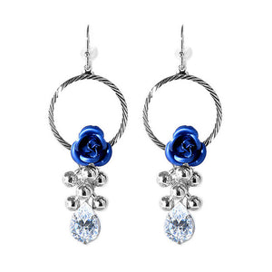 Elegant Blue Rose Earrings with Crystals Glass