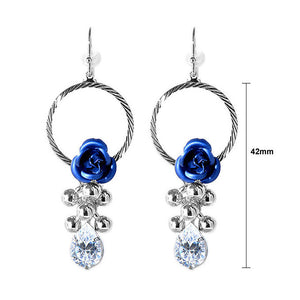 Elegant Blue Rose Earrings with Crystals Glass