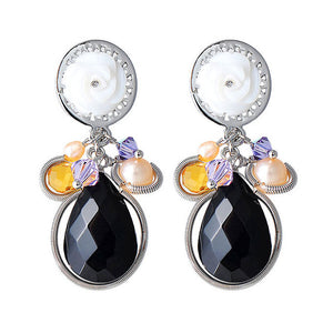 Elegant Rose Earrings with Black Crystal Glass and Fashion Pearl