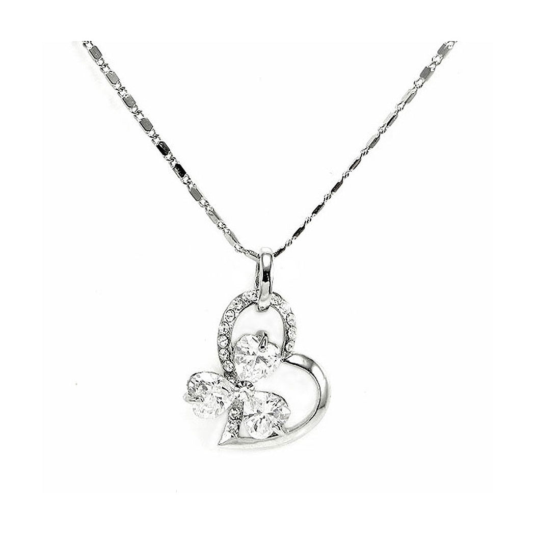 Glistering Joyful Heart & Flower Pendant with Silver Austrian Element Crystals and CZ and Necklace